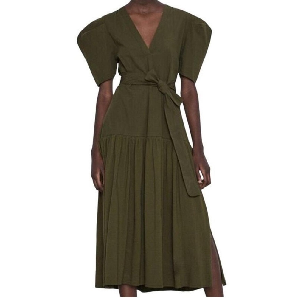 Zara Women’s Puff Short Sleeve Fit And Flare Olive Green Midi Dress

#1149